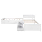 Lit superposé jumeau en bois massif blanc en forme de L avec lit gigogne, table intégrée et 2 tiroirs – 3 couchages