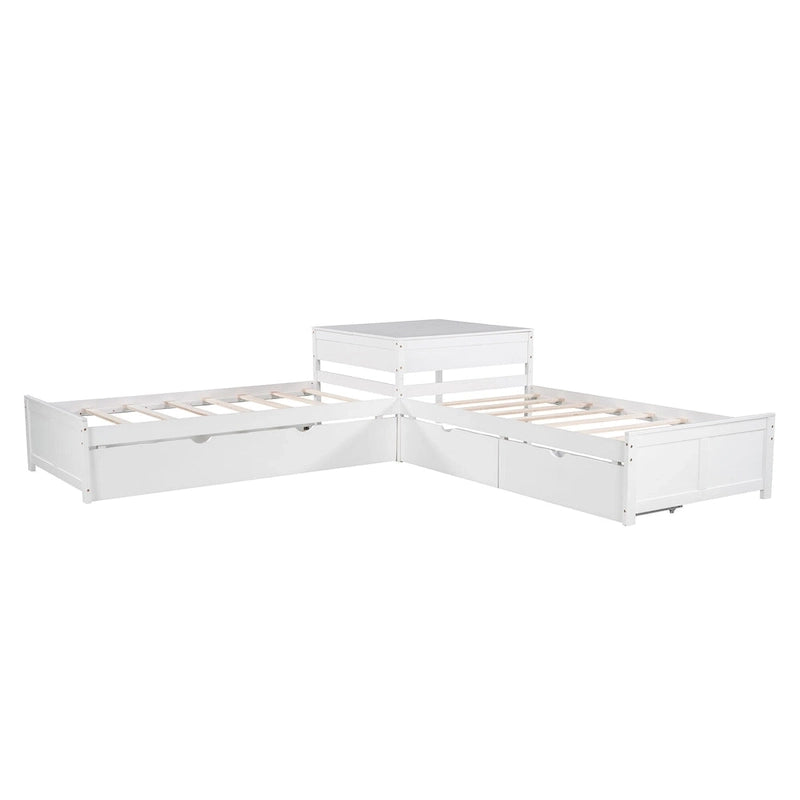 Lit superposé jumeau en bois massif blanc en forme de L avec lit gigogne, table intégrée et 2 tiroirs – 3 couchages