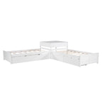 Lit superposé jumeau en bois massif blanc en forme de L avec lit gigogne, table intégrée et 2 tiroirs – 3 couchages