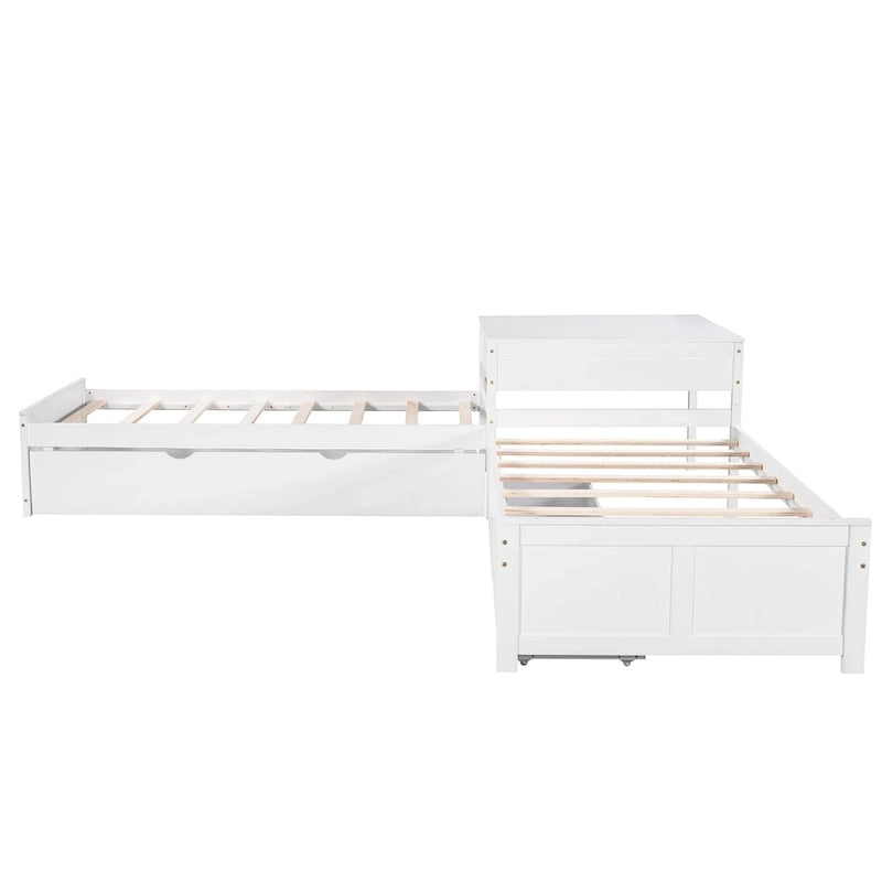 Lit superposé jumeau en bois massif blanc en forme de L avec lit gigogne, table intégrée et 2 tiroirs – 3 couchages