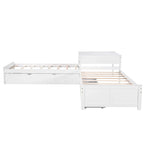 Lit superposé jumeau en bois massif blanc en forme de L avec lit gigogne, table intégrée et 2 tiroirs – 3 couchages
