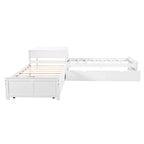 Lit superposé jumeau en bois massif blanc en forme de L avec lit gigogne, table intégrée et 2 tiroirs – 3 couchages
