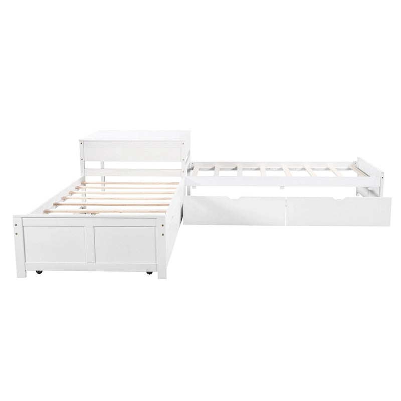 Lit superposé jumeau en bois massif blanc en forme de L avec lit gigogne, table intégrée et 2 tiroirs – 3 couchages