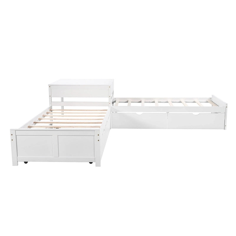 Lit superposé jumeau en bois massif blanc en forme de L avec lit gigogne, table intégrée et 2 tiroirs – 3 couchages