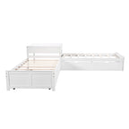 Lit superposé jumeau en bois massif blanc en forme de L avec lit gigogne, table intégrée et 2 tiroirs – 3 couchages