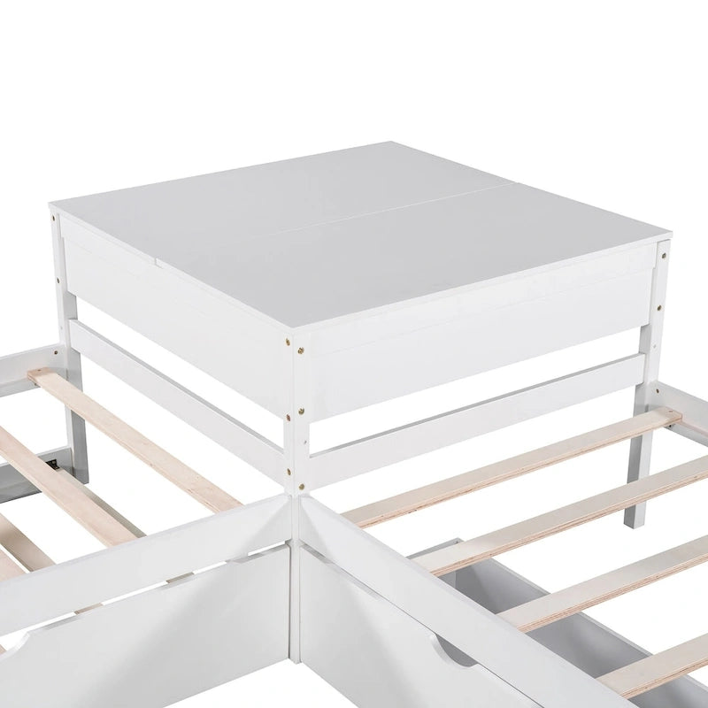 Lit superposé jumeau en bois massif blanc en forme de L avec lit gigogne, table intégrée et 2 tiroirs – 3 couchages