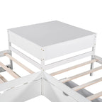 Lit superposé jumeau en bois massif blanc en forme de L avec lit gigogne, table intégrée et 2 tiroirs – 3 couchages