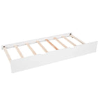 Lit superposé jumeau en bois massif blanc en forme de L avec lit gigogne, table intégrée et 2 tiroirs – 3 couchages