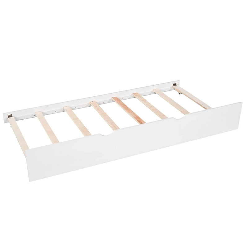 Lit superposé jumeau en bois massif blanc en forme de L avec lit gigogne, table intégrée et 2 tiroirs – 3 couchages