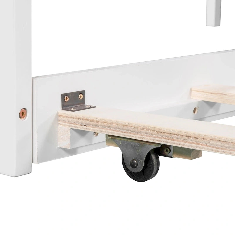 Lit superposé jumeau en bois massif blanc en forme de L avec lit gigogne, table intégrée et 2 tiroirs – 3 couchages