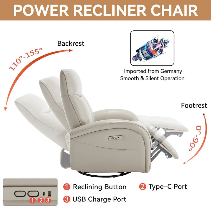 Fauteuil inclinable électrique pivotant à 270° en cuir PU marron/beige avec ports USB et Type-C – Simple