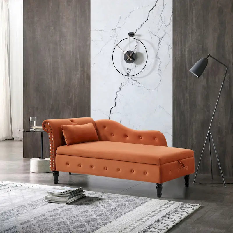 Méridienne capitonnée en velours orange avec rangement et clous décoratifs – Individuelle