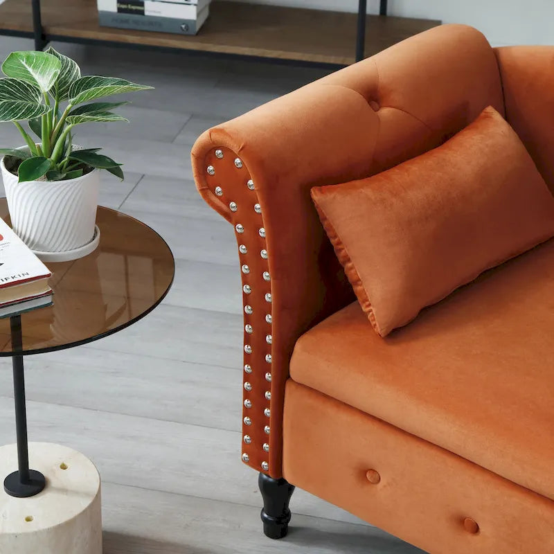 Méridienne capitonnée en velours orange avec rangement et clous décoratifs – Individuelle