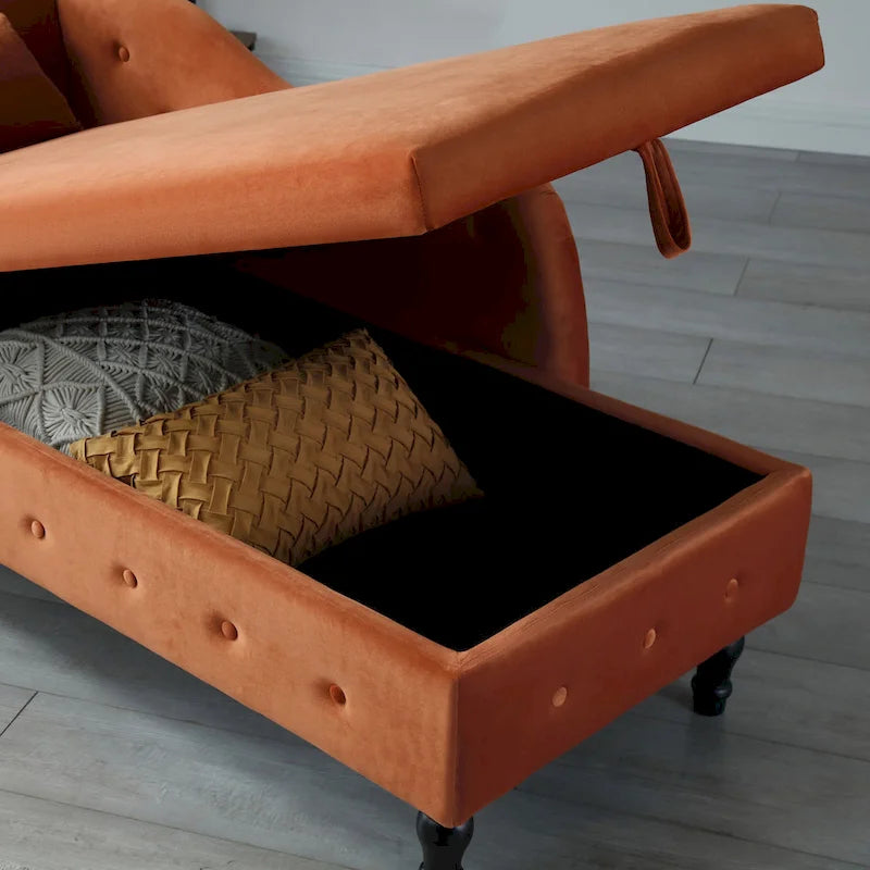 Méridienne capitonnée en velours orange avec rangement et clous décoratifs – Individuelle