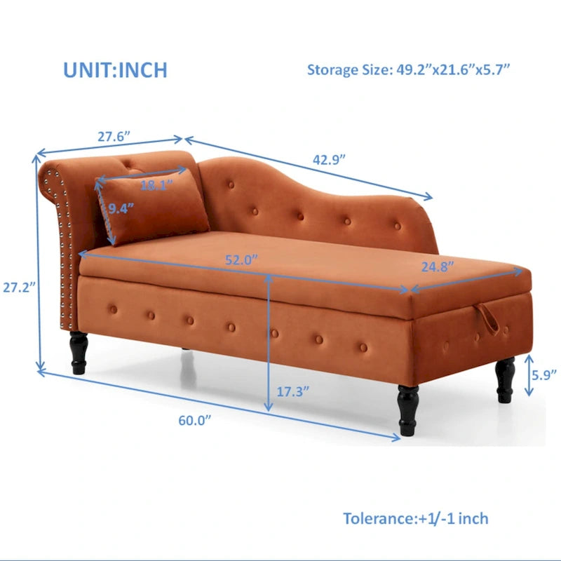Méridienne capitonnée en velours orange avec rangement et clous décoratifs – Individuelle