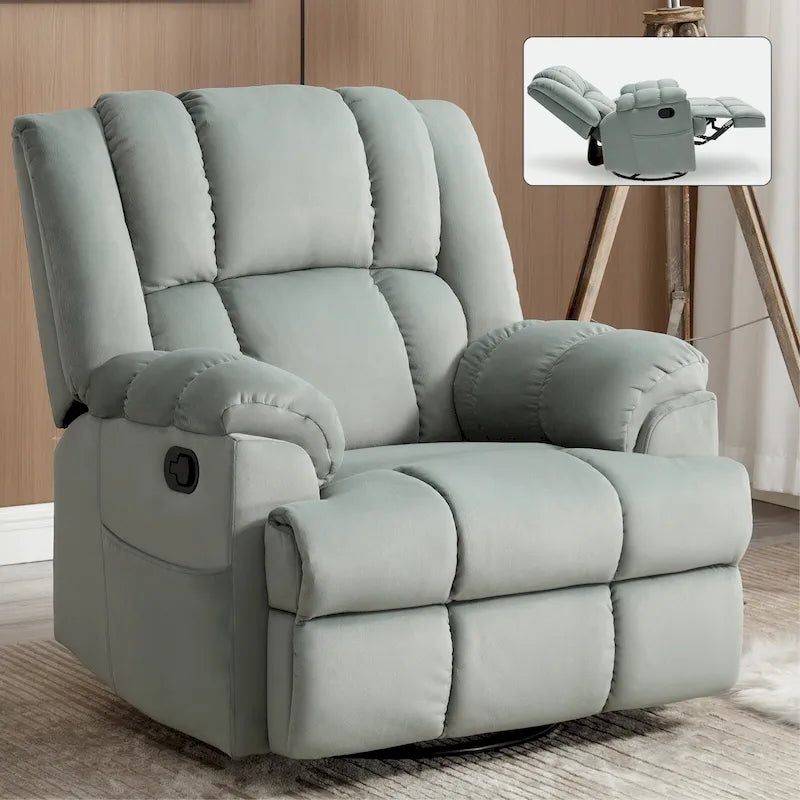 Fauteuil inclinable, pivotant à 360° et à bascule surdimensionné en tissu beige/vert/bleu avec base en métal noir – Simple