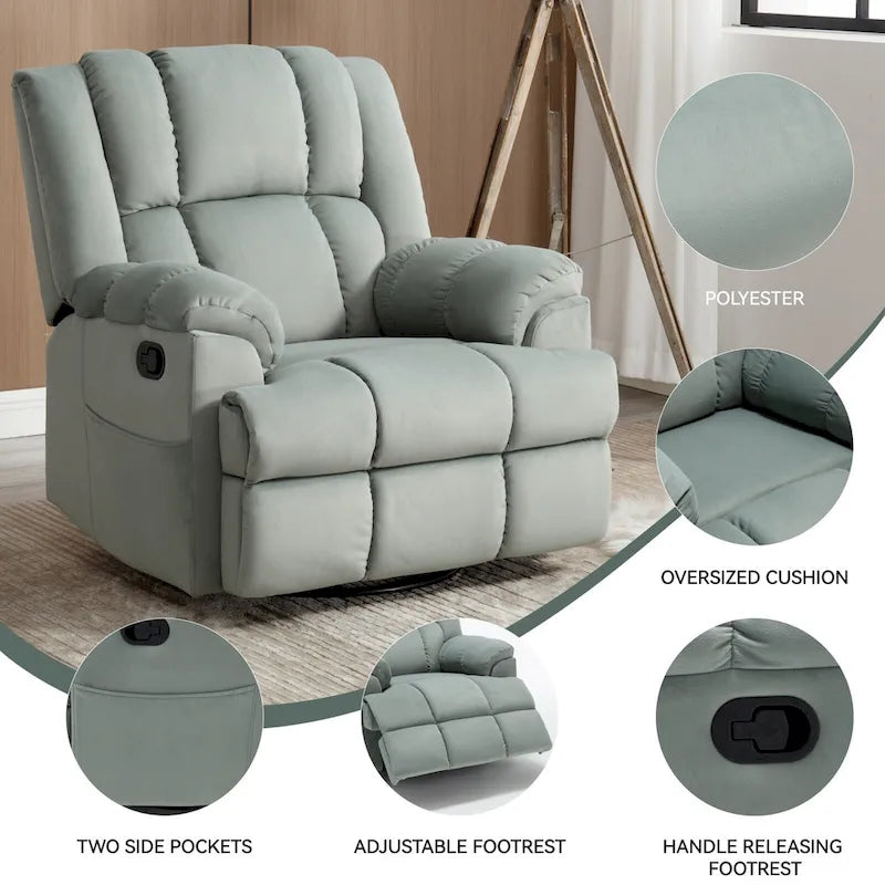 Fauteuil inclinable, pivotant à 360° et à bascule surdimensionné en tissu beige/vert/bleu avec base en métal noir – Simple