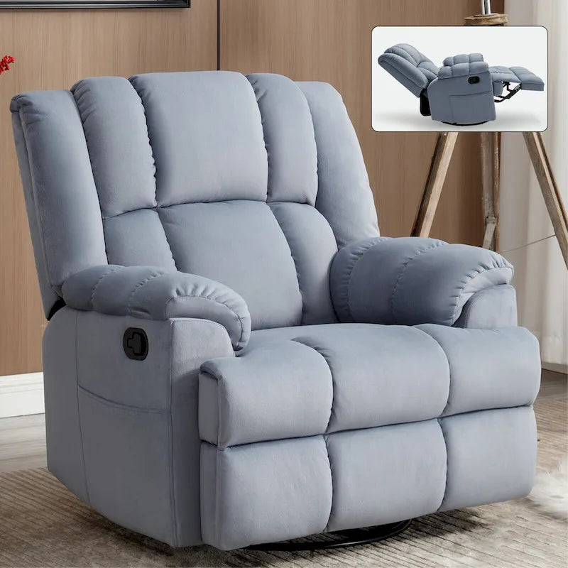 Fauteuil inclinable, pivotant à 360° et à bascule surdimensionné en tissu beige/vert/bleu avec base en métal noir – Simple