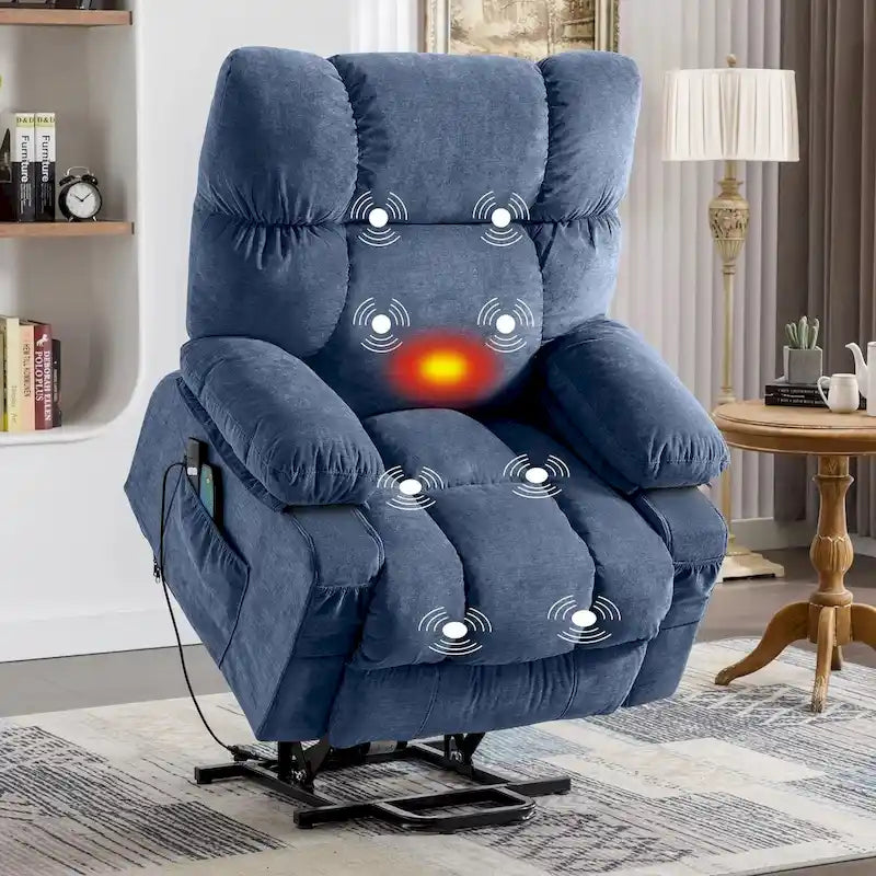 Fauteuil inclinable électrique releveur en tissu bleu/gris/marron avec chauffage, massage, chargement USB et télécommande – Simple