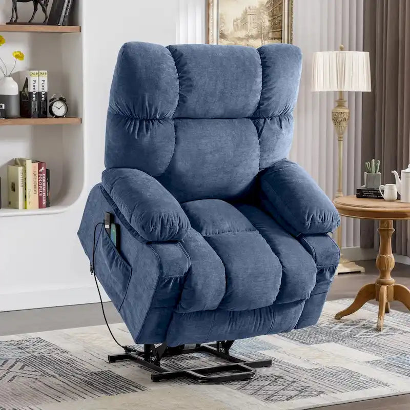 Fauteuil inclinable électrique releveur en tissu bleu/gris/marron avec chauffage, massage, chargement USB et télécommande – Simple