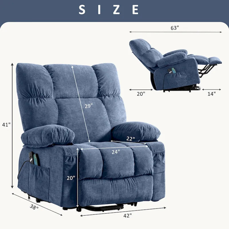 Fauteuil inclinable électrique releveur en tissu bleu/gris/marron avec chauffage, massage, chargement USB et télécommande – Simple