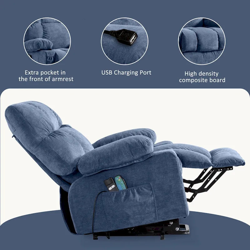 Fauteuil inclinable électrique releveur en tissu bleu/gris/marron avec chauffage, massage, chargement USB et télécommande – Simple