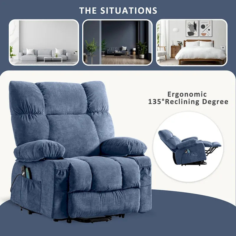 Fauteuil inclinable électrique releveur en tissu bleu/gris/marron avec chauffage, massage, chargement USB et télécommande – Simple