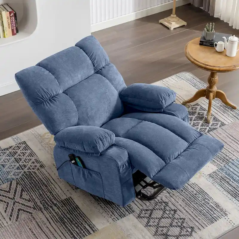 Fauteuil inclinable électrique releveur en tissu bleu/gris/marron avec chauffage, massage, chargement USB et télécommande – Simple