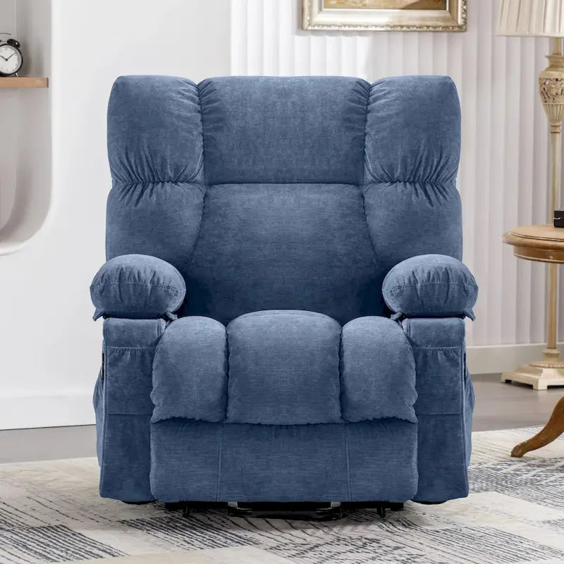 Fauteuil inclinable électrique releveur en tissu bleu/gris/marron avec chauffage, massage, chargement USB et télécommande – Simple