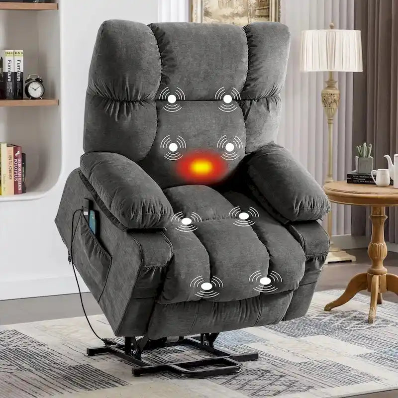 Fauteuil inclinable électrique releveur en tissu bleu/gris/marron avec chauffage, massage, chargement USB et télécommande – Simple