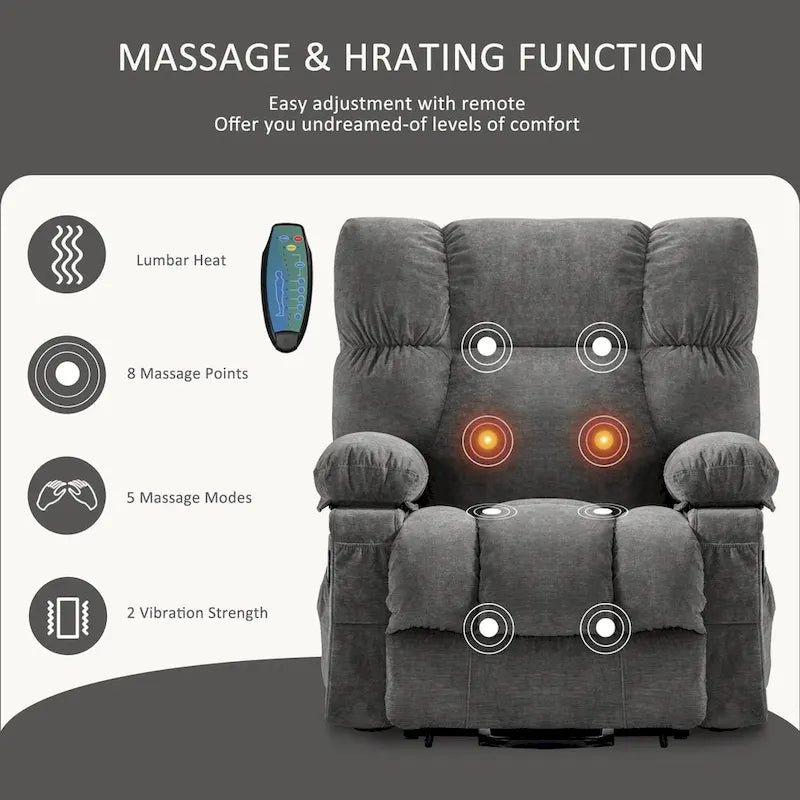 Fauteuil inclinable électrique releveur en tissu bleu/gris/marron avec chauffage, massage, chargement USB et télécommande – Simple
