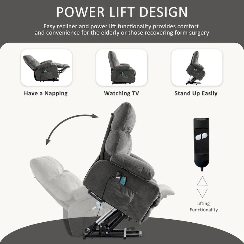 Fauteuil inclinable électrique releveur en tissu bleu/gris/marron avec chauffage, massage, chargement USB et télécommande – Simple