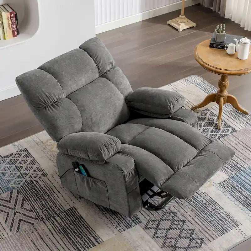 Fauteuil inclinable électrique releveur en tissu bleu/gris/marron avec chauffage, massage, chargement USB et télécommande – Simple