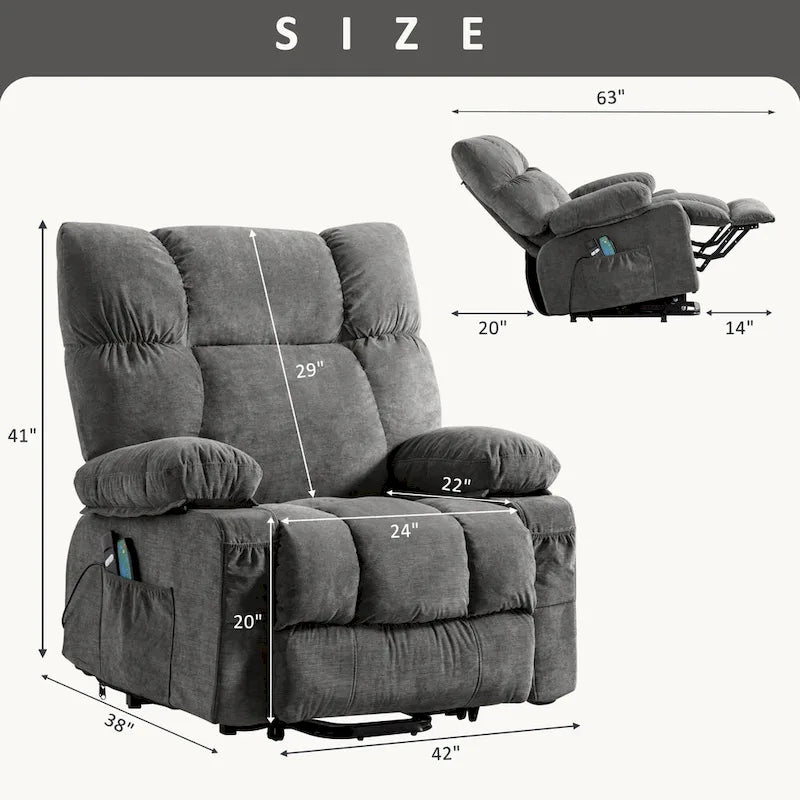 Fauteuil inclinable électrique releveur en tissu bleu/gris/marron avec chauffage, massage, chargement USB et télécommande – Simple