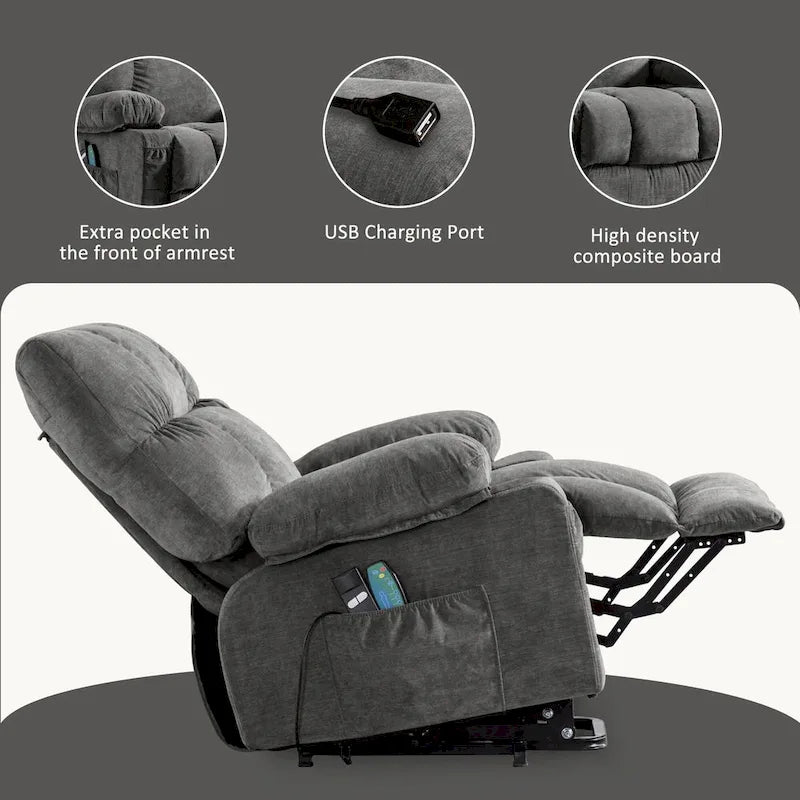 Fauteuil inclinable électrique releveur en tissu bleu/gris/marron avec chauffage, massage, chargement USB et télécommande – Simple