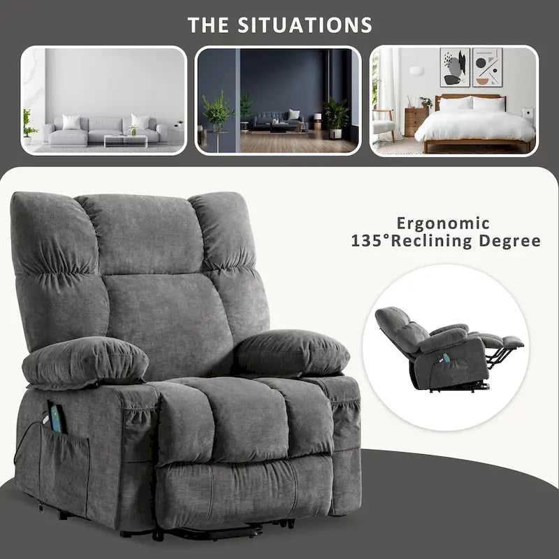Fauteuil inclinable électrique releveur en tissu bleu/gris/marron avec chauffage, massage, chargement USB et télécommande – Simple