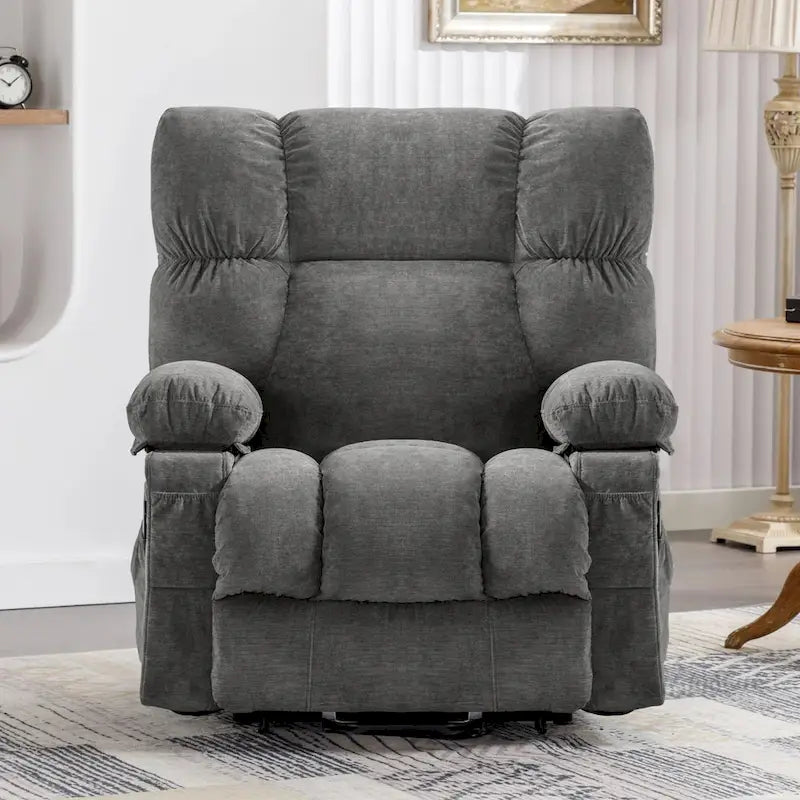 Fauteuil inclinable électrique releveur en tissu bleu/gris/marron avec chauffage, massage, chargement USB et télécommande – Simple
