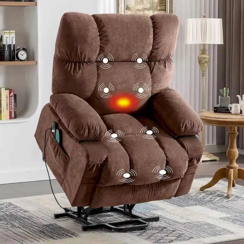 Fauteuil inclinable électrique releveur en tissu bleu/gris/marron avec chauffage, massage, chargement USB et télécommande – Simple