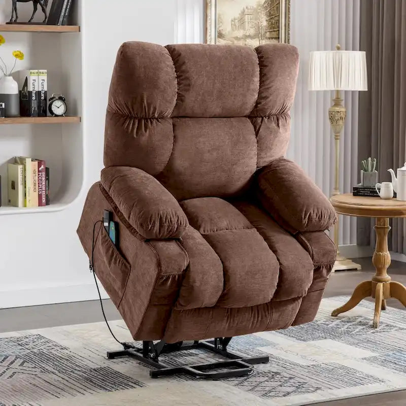 Fauteuil inclinable électrique releveur en tissu bleu/gris/marron avec chauffage, massage, chargement USB et télécommande – Simple