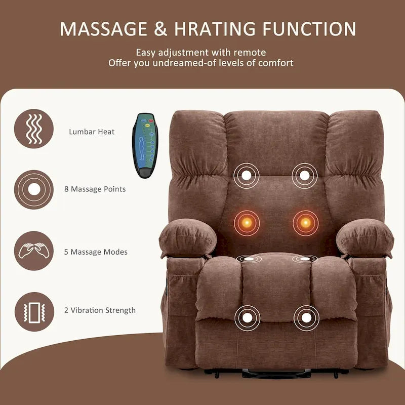 Fauteuil inclinable électrique releveur en tissu bleu/gris/marron avec chauffage, massage, chargement USB et télécommande – Simple