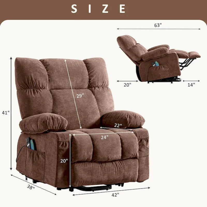 Fauteuil inclinable électrique releveur en tissu bleu/gris/marron avec chauffage, massage, chargement USB et télécommande – Simple