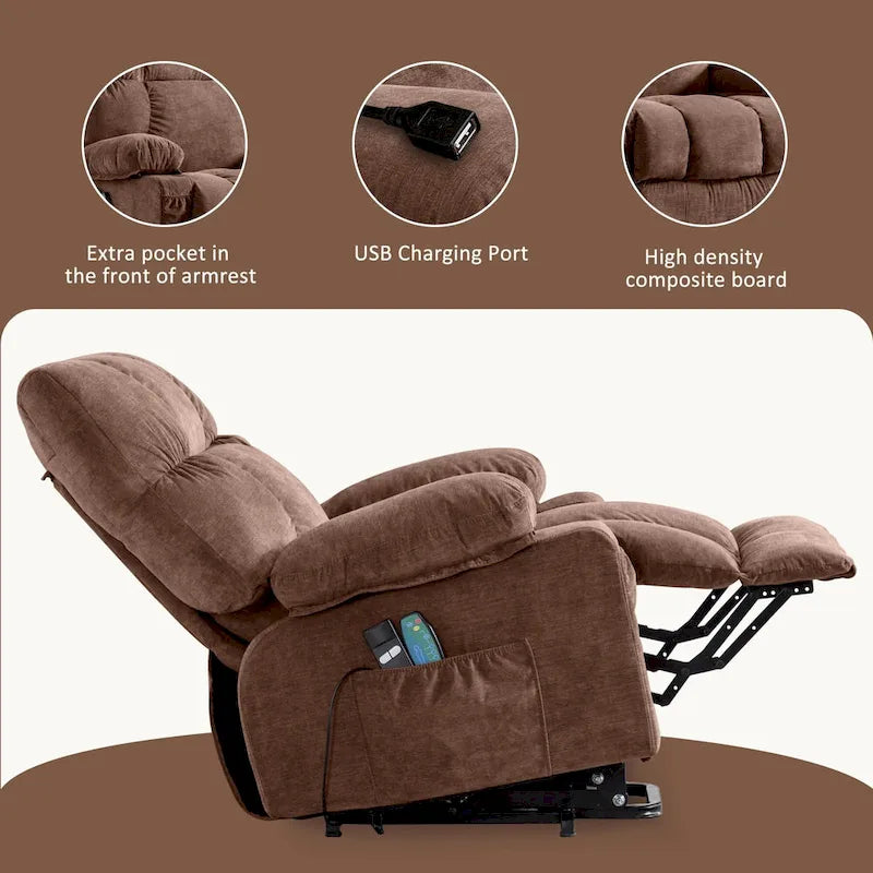 Fauteuil inclinable électrique releveur en tissu bleu/gris/marron avec chauffage, massage, chargement USB et télécommande – Simple