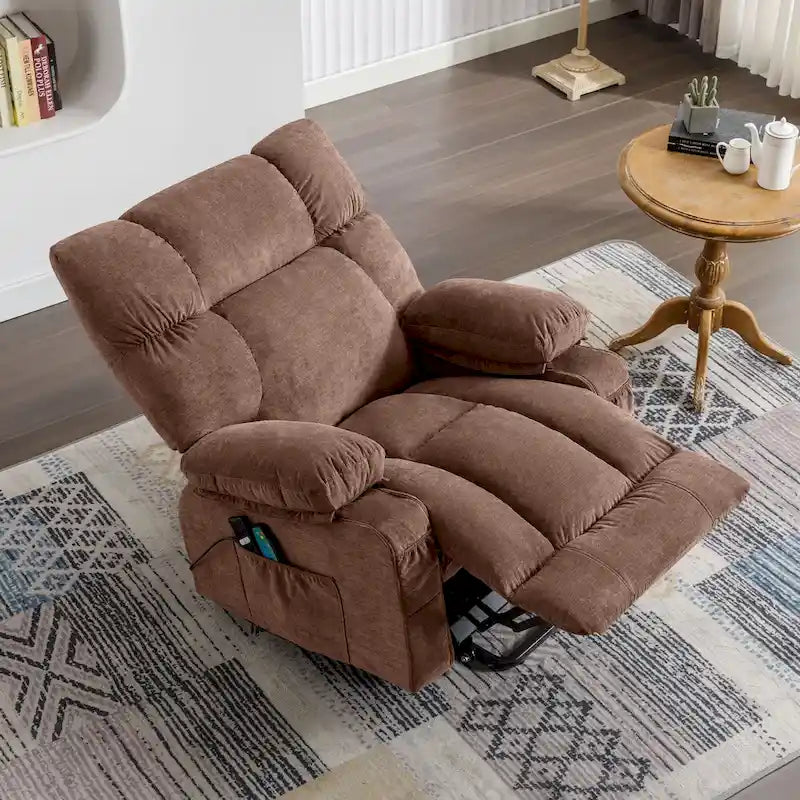 Fauteuil inclinable électrique releveur en tissu bleu/gris/marron avec chauffage, massage, chargement USB et télécommande – Simple