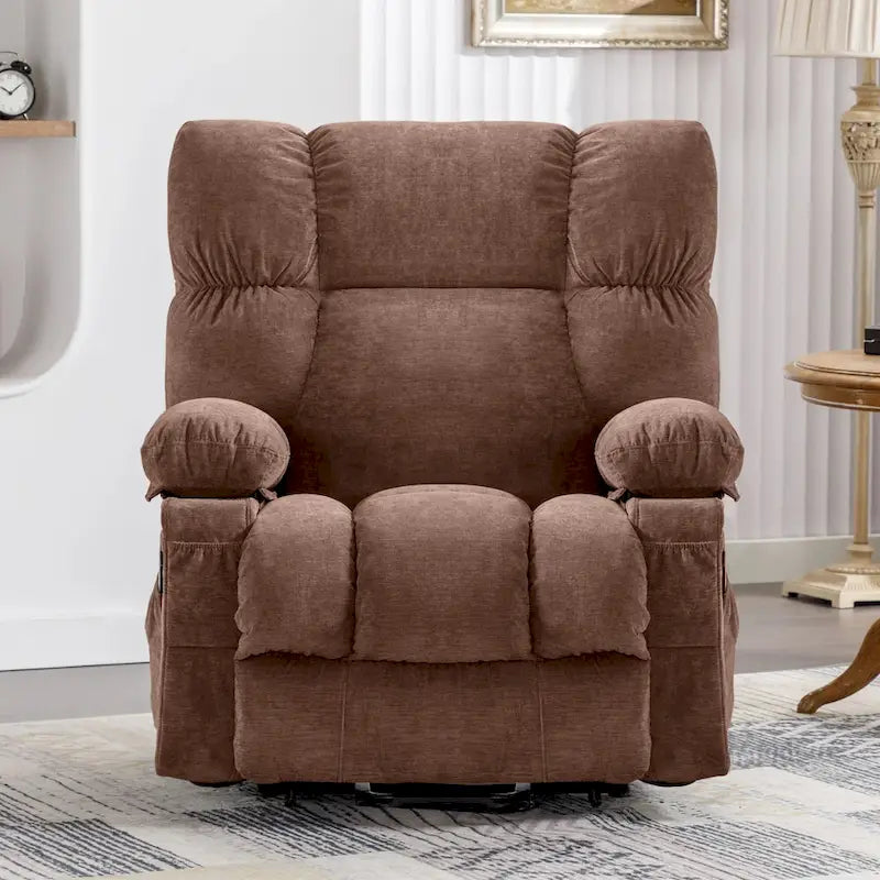 Fauteuil inclinable électrique releveur en tissu bleu/gris/marron avec chauffage, massage, chargement USB et télécommande – Simple
