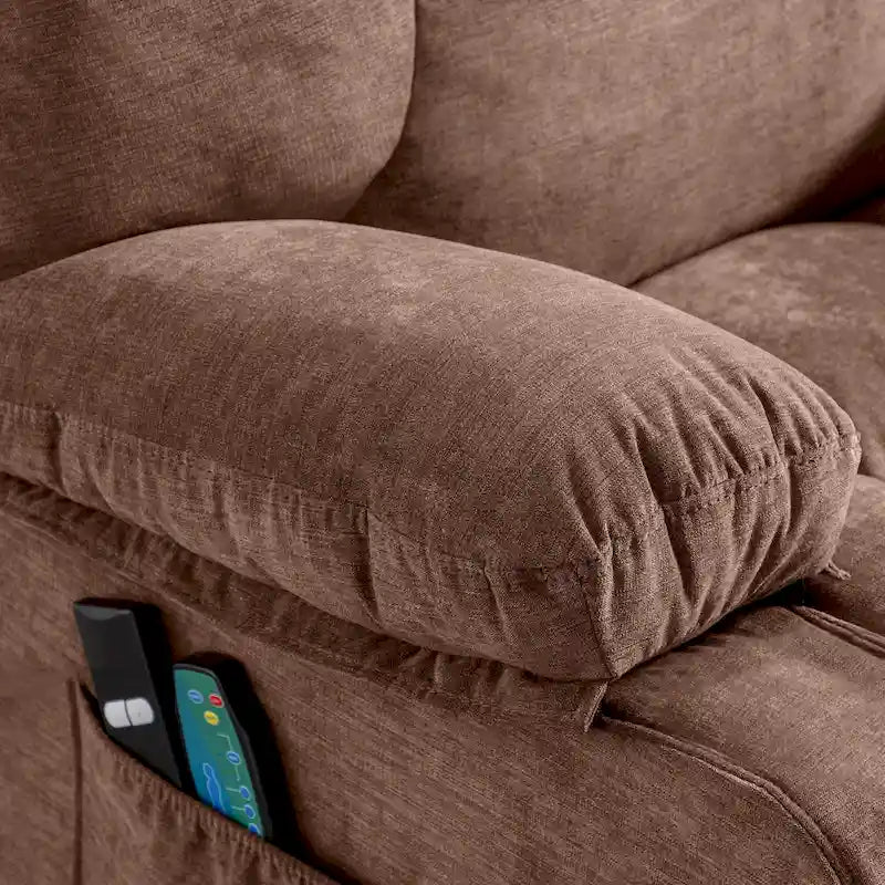Fauteuil inclinable électrique releveur en tissu bleu/gris/marron avec chauffage, massage, chargement USB et télécommande – Simple