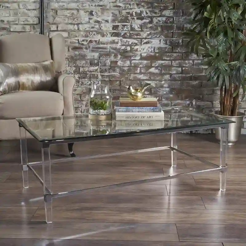 48  Modern Rectangle Glass Coffee Table with Sturdy Frame for Living Room