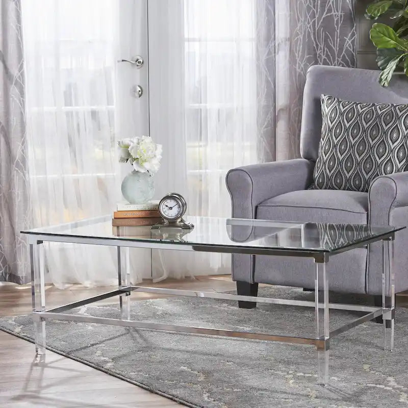 Table basse en verre rectangulaire transparente pour salon, 2 à 4 places