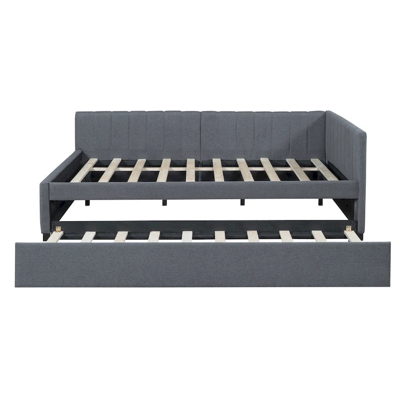 Lit de repos rembourré en lin gris grand format avec lit gigogne double – 2 places