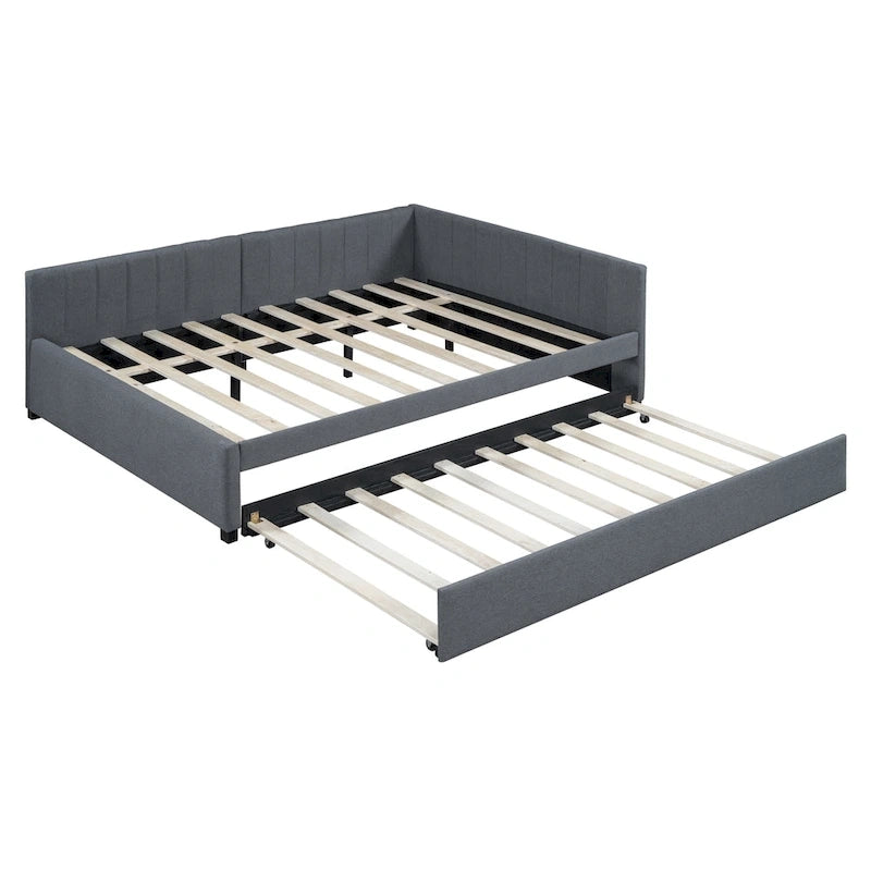 Lit de repos rembourré en lin gris grand format avec lit gigogne double – 2 places