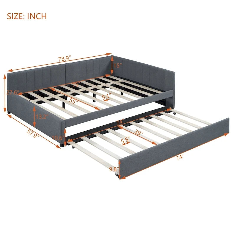 Lit de repos rembourré en lin gris grand format avec lit gigogne double – 2 places